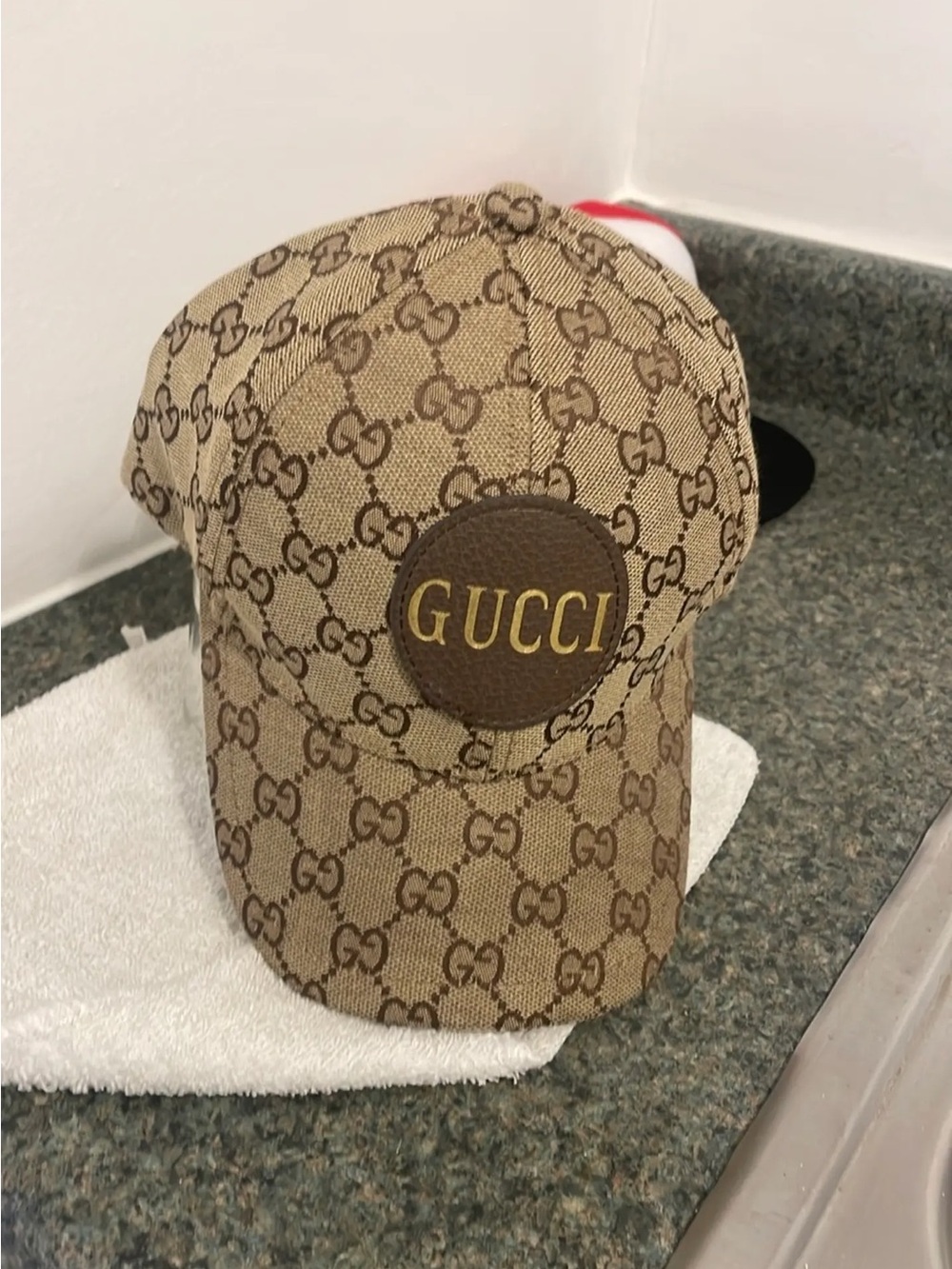 Gucci Beige/Brown GG Monogram Baseball Cap with Leather Patch
